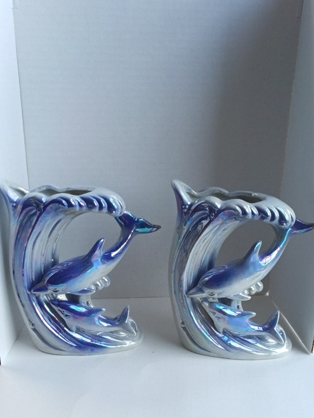 Source Unknown Iridescent Blue Dolphin Ceramic Vases - Pair